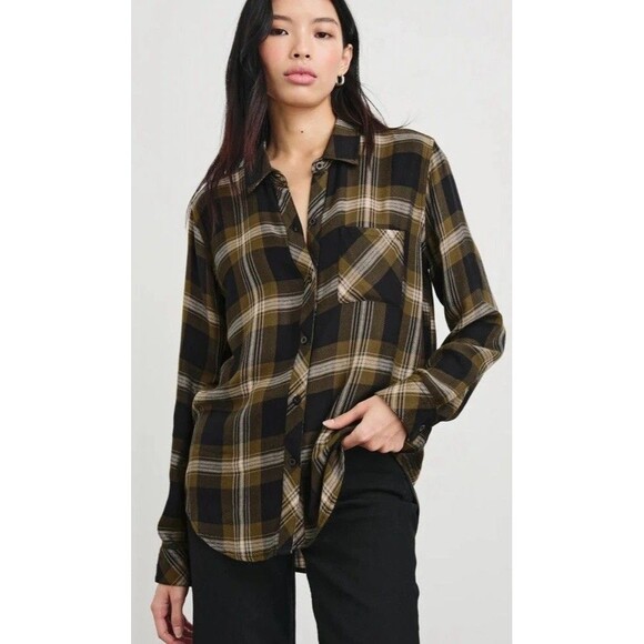 Rails Shirt Hunter Long Sleeve Flannel Plaid Black Carmel Lurex Metallic Gold XS - Picture 1 of 10